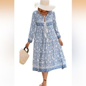 Vivimos Floral Blue Long Sleeve Midi Dress, NWT, Size S, tasseled V neck